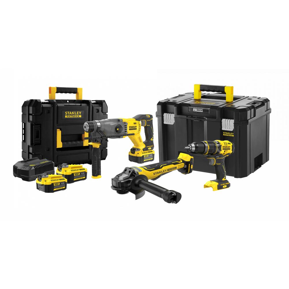 Kit Martello Tassellatore sds-plus 18V V20 SFMCH900B + Trapano Avvitatore a batteria 18V V20 SFMCD721B + Smerigliatrice a batteria 18V V20 SFMCG700B Brushless + 3 batterie da 4 Ah SFMKIT4AH-IT STANLEY